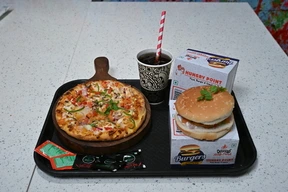 Veg pizza, burger and cold drink combo for birthday celebrations